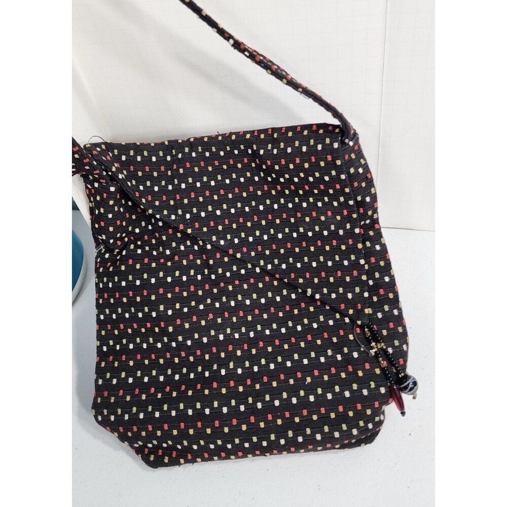 Suruchi Shoulder Strap Purse Black Multicolor Beaded Flap Fabric Bag